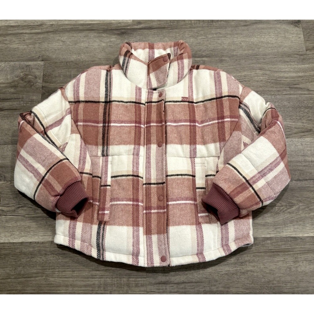 Levi's Plaid Puffer Jacket Mauve Pink Cream White Oversized Winter Coat Medium